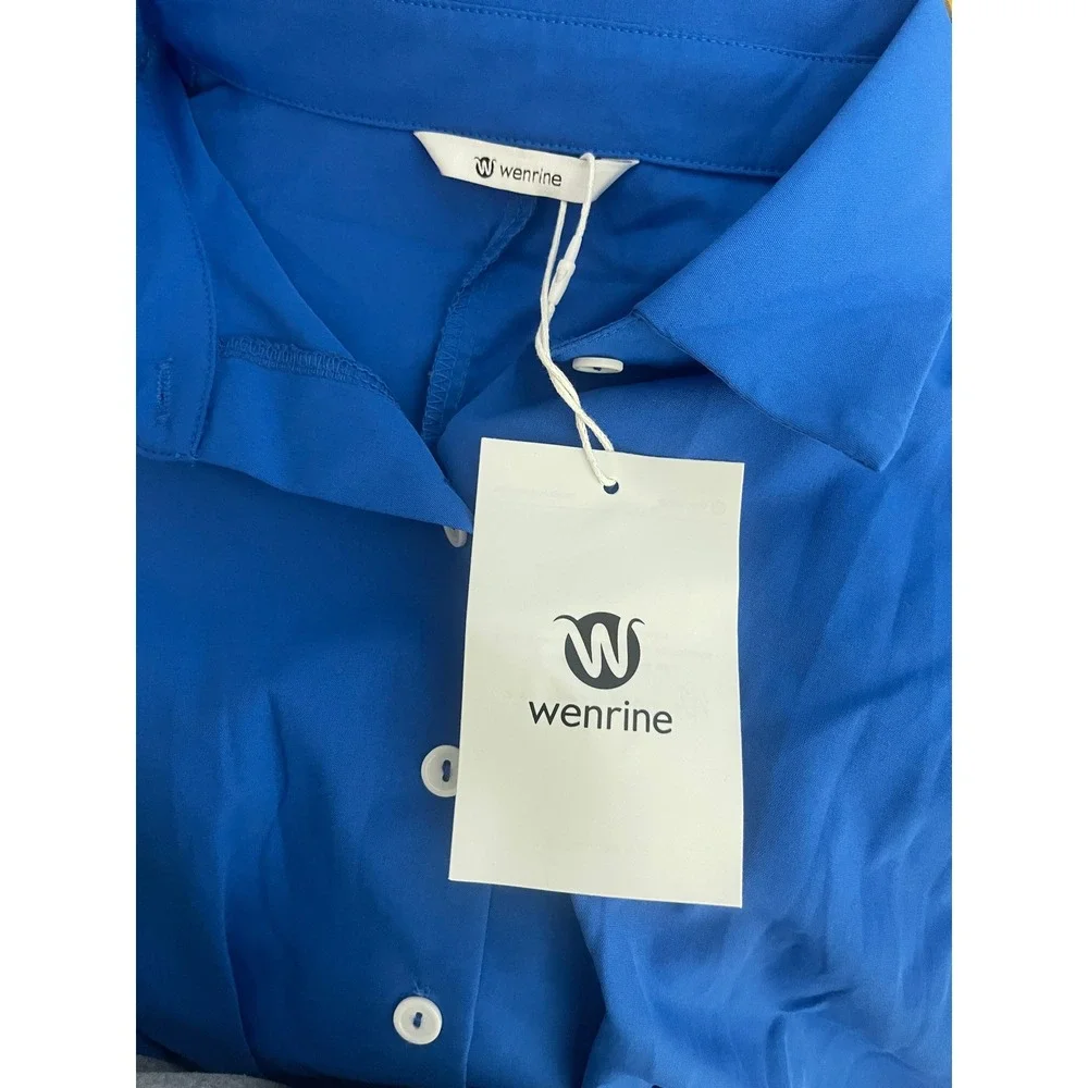 Women Blue White Button Down‎ Shirt Summer Dress Smocked Waist Cotton Medium